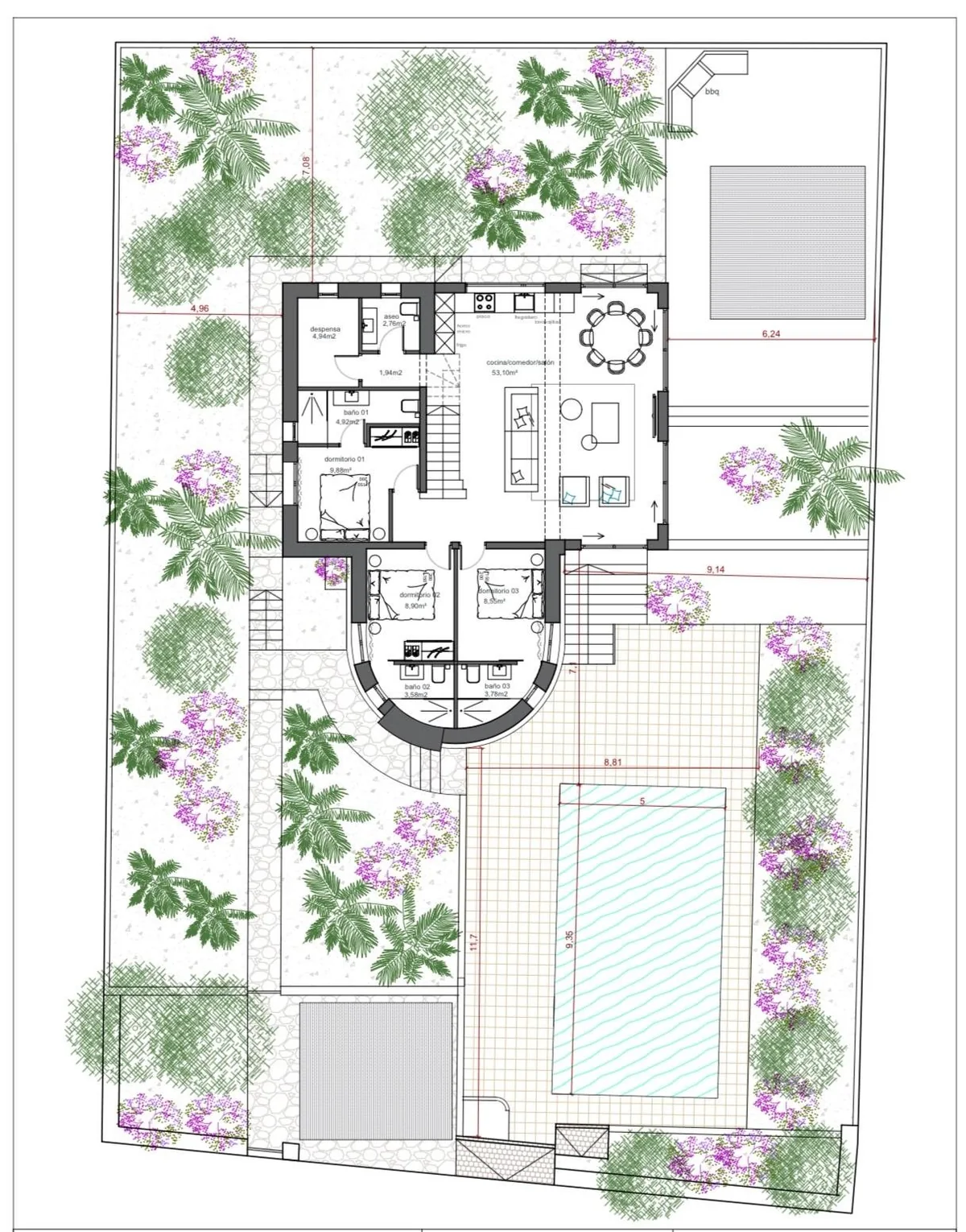 Site plan of Villa Granados with the marked spaces